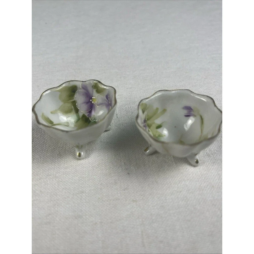 PAIR HAND PAINTED  SALT CELLAR DIPS-LAVENDER FLOWERS - GREEN-GOLD TRIM - FOOTED